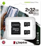 Карта памяти 32Gb MicroSD Kingston Canvas Select Plus Class 10 + SD адаптер (SDCS2/32GB-2P1A)